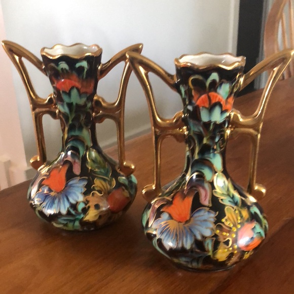 Antique H. Bequet Quaregnon Belgian set of 2 Art Nouveau Handpainted Gil… - Picture 2 of 9